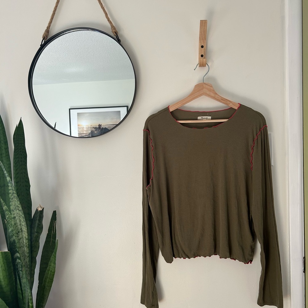 Madewell - Desert Olive Green Long Sleeve Tee with Pink Contrast Stitching